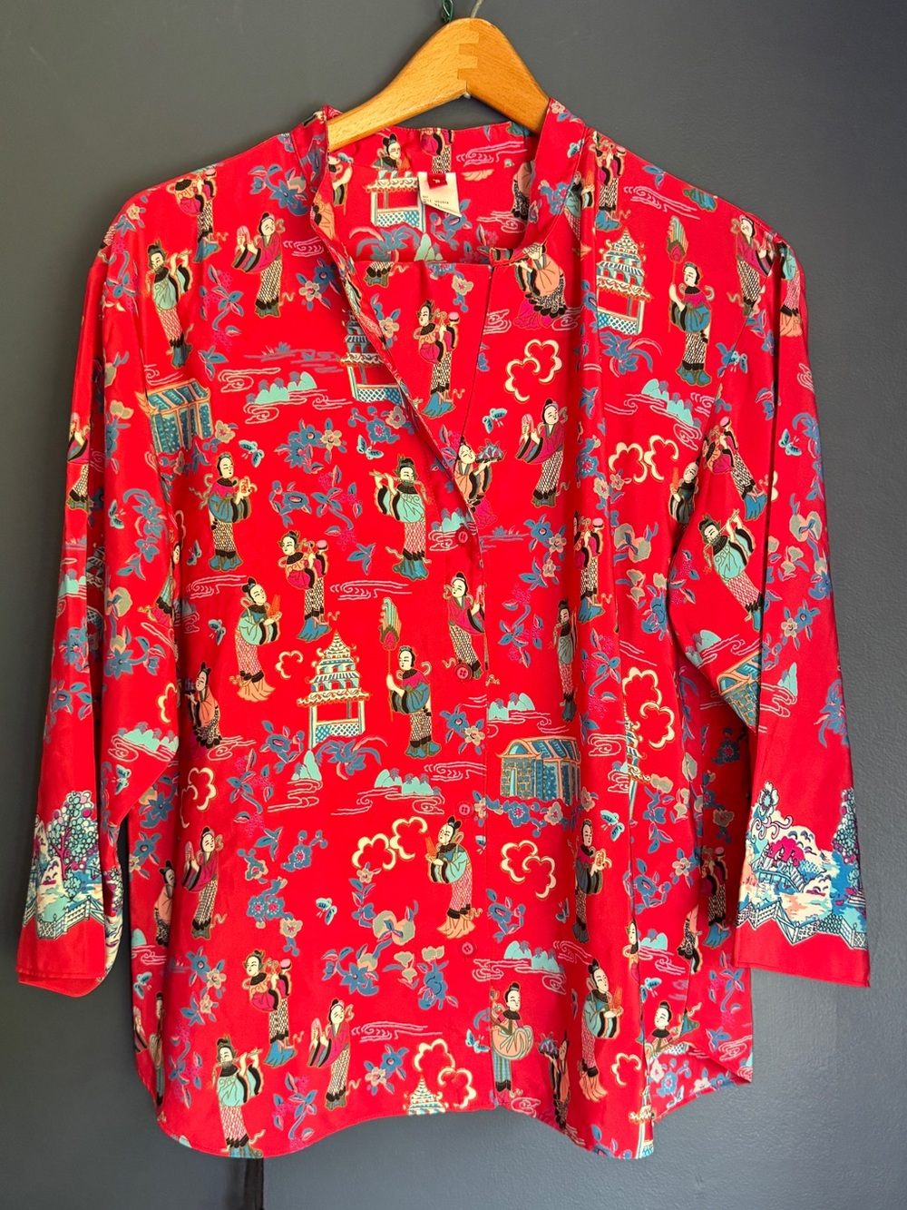 Natori Red Asian-Inspired Printed Mandarin Collar Blouse